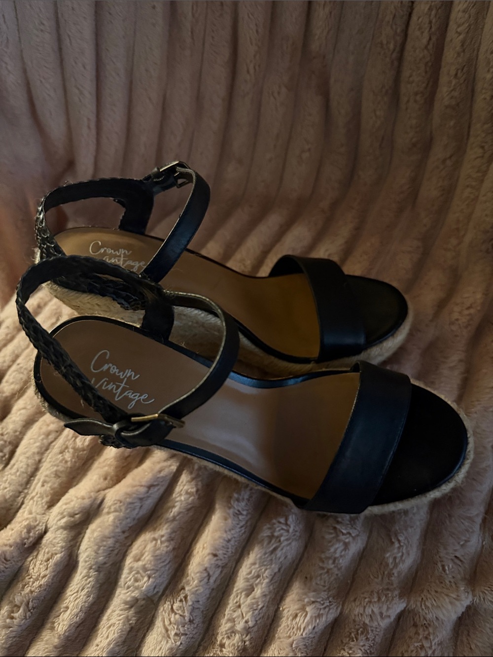 Crown Vintage Black Braided Ankle Strap Wedge Sandals